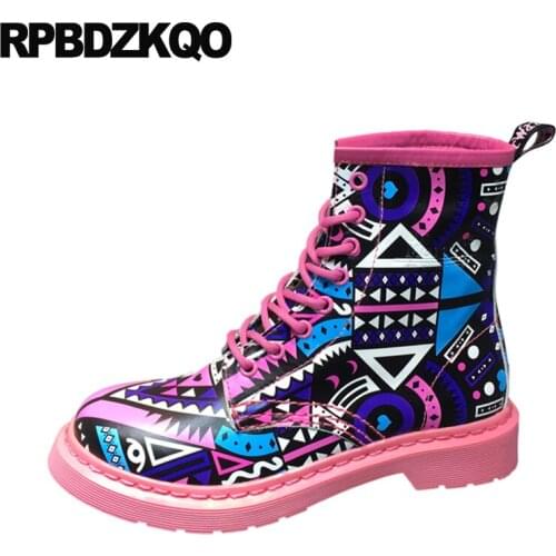 Patchwork Satin Flower Printed Floral Print Camouflage Women Front Lace Up Casual Ankle Boots Autumn Blue Military Shoes Booties