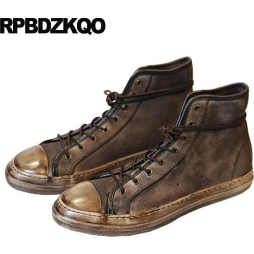 Booties Full Grain Leather Boots Men Male Brown Trainer High Top Lace Up Shoes Genuine Autumn Sneakers Ankle Handmade Designer