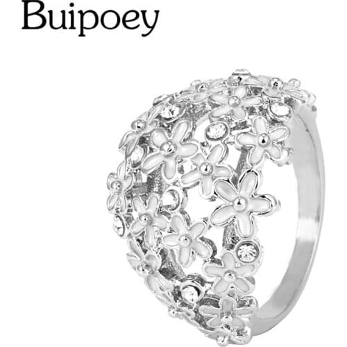 Buipoey White Daisy Garden Garland Rings For Women Girls Silver Color Engagement Ring Lovers Couple Family Wedding Party Gift