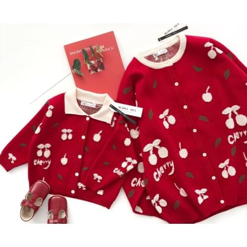 Tonytaobaby Autumn and Winter New Girls Cherry Parent-child Cotton Cardigan Sweater Sweaters