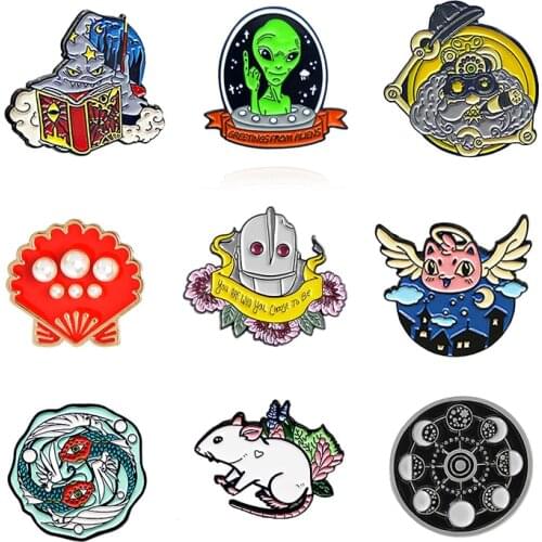 Enamel Pin Brooches devil alien robot old man machine Magic Book White mouse shell Angel Cat Moon stars fish flower Custom Badge