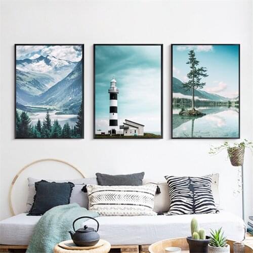 Nordic Sea Wave Ocean Lake Lighthouse Posters Prints Wall Art Canvas Painting Modular Pictures For Living Room Landscape Decor