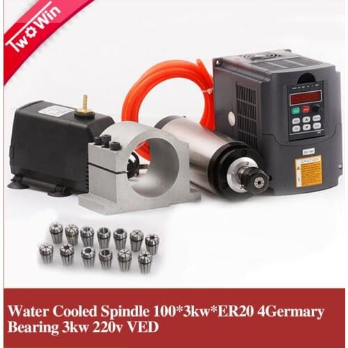 3kw Water Cooled Spindle Kit 3KW CNC Spindle Motor+3kw Inverter+ER20 Lathe Chuck +100mm Spindle Clamp+3.5m Pump+ Water Pipe