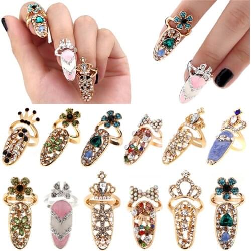 Fashion Jewelry Bowknot Nail Ring Charm Crown Flower Crystal Finger Nail Rings For Women Lady Rhinestone Fingernail Protective