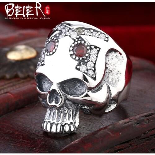 Beier sterling jewelry 2015 punk special forehead with Zircon skull ring man jewelry BR925R009