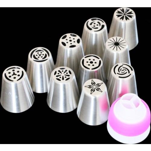 10 PCS Nozzles With 1PC Converter Russian Tulip Icing Piping Nozzle Tips Kitchen DIY Cupcake Decorating Mouth Tool