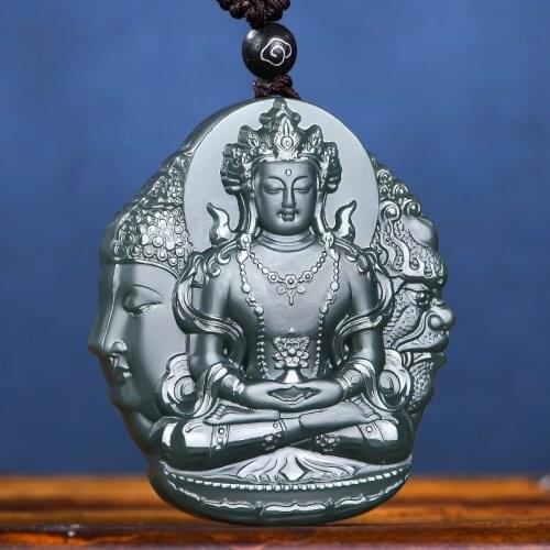 Natural A hetian jade carving guan yin black green jade jade pendant unique design jadeite jade necklace men jewelry