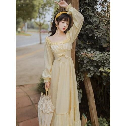 2020 new fashion womens clothing autumn Square Collar Mid-Calf Vintage Full Dresses