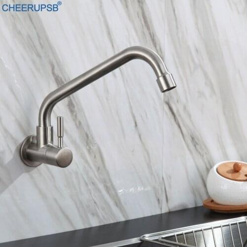 Kitchen Sink Single Cold Faucet Wall Mounted Stainless Steel Tap Brushed Nickel Lead Free Faucets 180 Rotation Healthy Torneiras