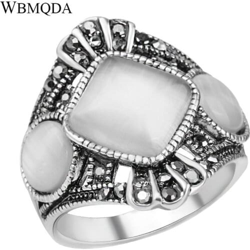 Wholesale Vintage Ethnic Tibetan Antique Silver Color Ring Retro Opal Stone Rings For Women Bohemian Statement Party Jewelry