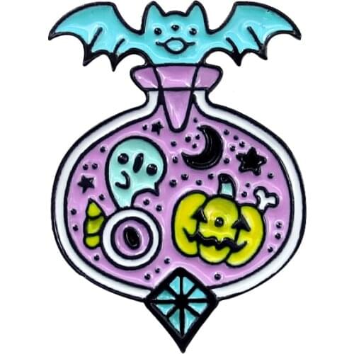 Purple Devil Potion Metal Enamel Brooch Three Eyes Bat Skeleton Pumpkin Badge Pin Exaggerated Funny Costume Jewelry Accessories