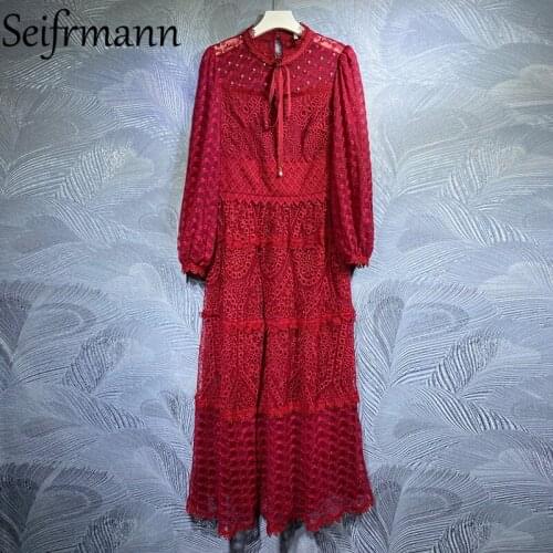 Seifrmann New 2021 Autumn Women Fashion Designer Party Long Dress Lantern Sleeve Bow Beading Hollow Out Printed Ladies Dresses