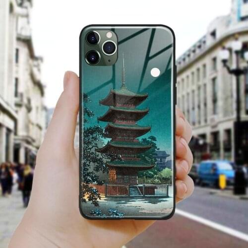 Japanese style temple night scene Silicone Glass Phone Case Cover Shell For iPhone SE 6 6s 7 8 Plus X XR XS 11 12 Mini Pro Max