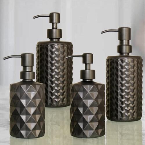 Nordic Bathroom Accessories Embossed Glass Soap Dispenser Black Matte Shampoo Bottle Dispensador Jabon Dozownik Do Mydla