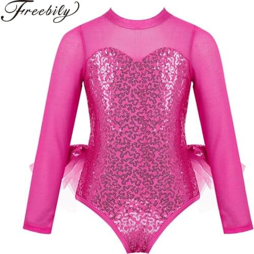Girls Tulle Long Sleeves Sparkly Sequins Cutout Back Gymnastics Bodysuit Dance Wear for Toddler Gymnastics Leotards Costumes