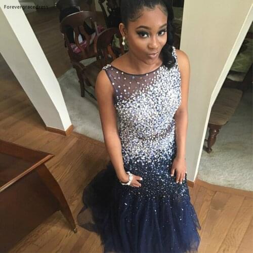 Navy Blue Prom Dress Luxury Crystal Long Backless Evening Party Gown Women Custom Made