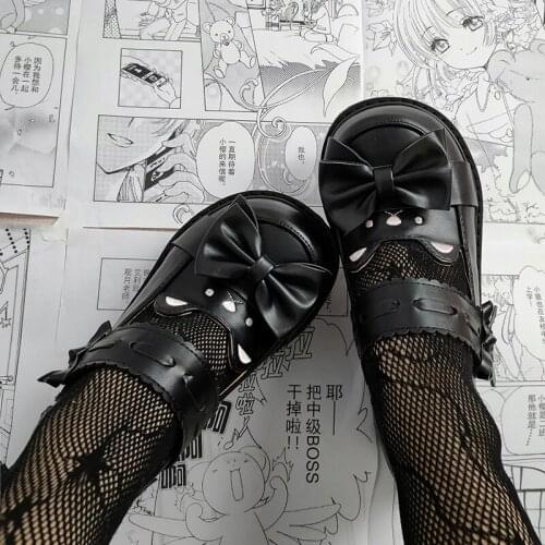 Bow Velcro Sweet Lolita Shoes Kawaii Cosplay Women Student College Anime Gothic Female School Girls Japanese Mid Heel Flats