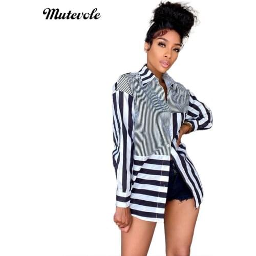 Mutevole Women Patchwork Black and White Striped Shirt Fashion Long Sleeve Shirts Blouses Casual Turn Down Collar Tops Lady