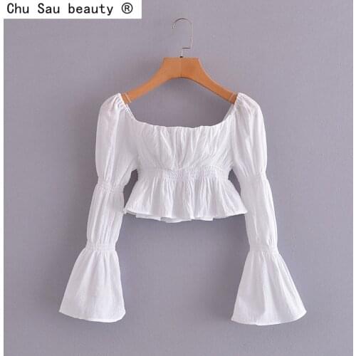 2021 Summer Women New Square Collar Ruffle Long-Sleeve Folds Flared Sleeves Crop Top Solid Color Blouse Fashion Chic