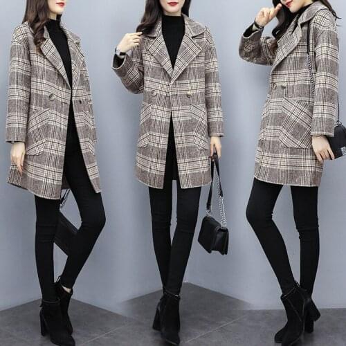 Winter women Wool & Blends coat elegant Womens Plaid woolen coat winter long woolen coat Women' Plaid Coats & Jackets long coat
