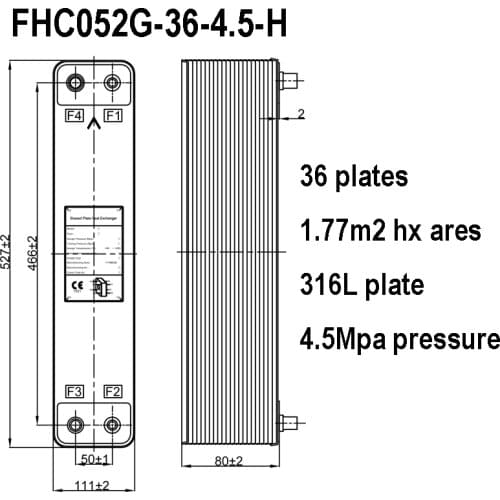 1.77m2 316L Stainless Steel 36 Plates 4.5 Mpa Pressure Brazed Plate Heat Exchanger