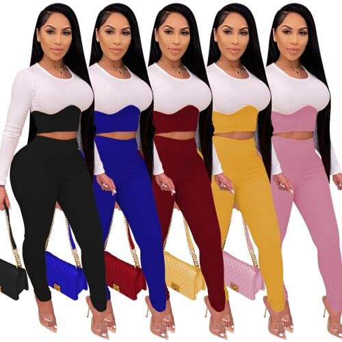 2021 Spring Women Ribbed Two Piece Set Color Patchwork Long Sleeve T Shirt Crop Top Solid Pencil Pants Fashion Streetwear