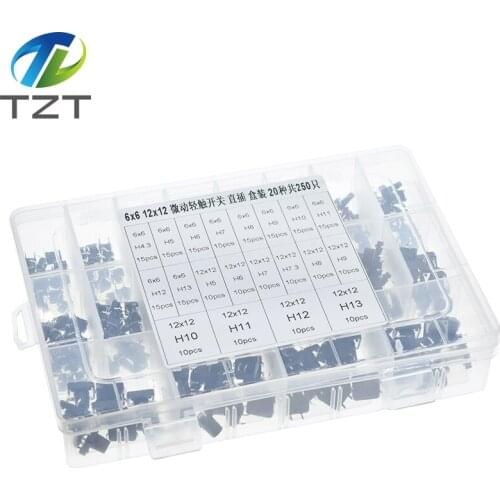 250PCS 20 types 6x6mm /12x12mm 4-foot Micro Switch key switch light touch switch button switch Self-reset DIP Switches