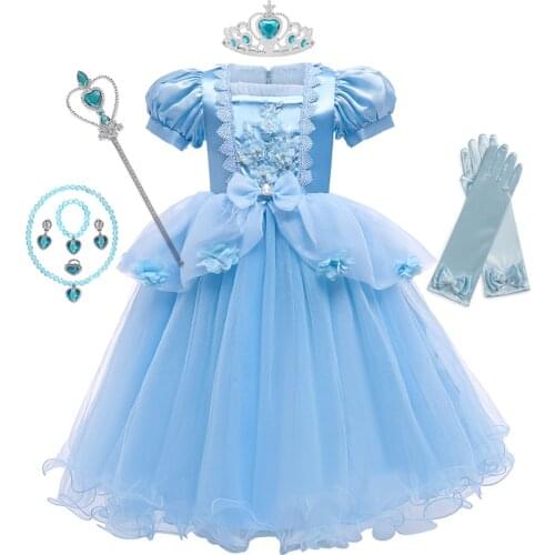 Cinderella Dress Girls Beading Applique Flower Princess Dresses Girl Lace Mesh Birthday Party Fancy Kids Costume