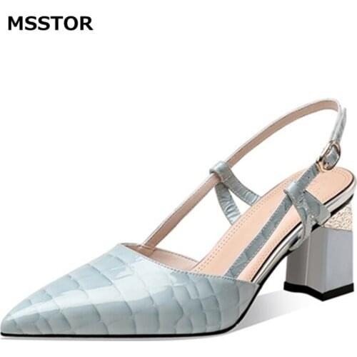 Pointed Toe Stone print Cow Leather High Heels Sandals Women Fashion Party Summer Square Buckle Strap Ladies Shoes Classics