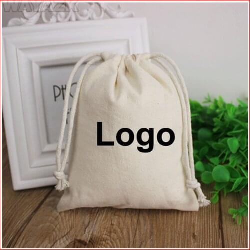 100 pieces/lot small natural cotton gift bag with custom printed logo