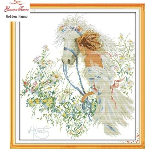 Golden Panno,White horse and girl in the garden painting counted print on canvas 14CT 11CT DMC Cross Stitch kits Needlework 0123