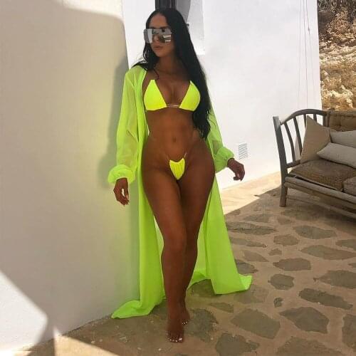 2021 Summer Fashion Women Sexy Neon 3 Piece Bikini Set Transparent Swimwear Long Chiffon Cover Up Outfit Swimsuit Beach Suit