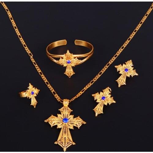 Ethiopian Gold Color Fashion Necklace Earrings Ring Bangle Habesha Africa Wedding Jewelry Set