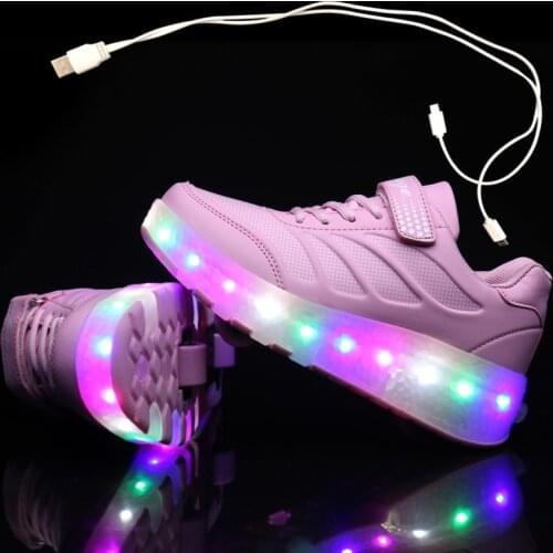 USB Charging Black Two Wheels Luminous Sneakers Led Light Roller Skate Shoes for Children Kids Led Shoes Boys Girls Shoes 28-43