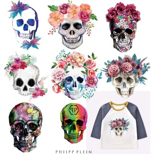 Small punk style skull flower Iron On patches DIY for childrens clothing decoration with vinyl heat transfer stickers
