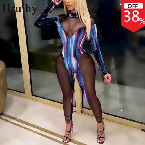 Clothes Fashion Colorful Patchwork Mesh See Through Jumpsuits for Women New Arrival Hollow Out Skinny Enterizos Para Mujer