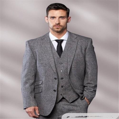 2020 Latest Coat Pant Designs Grey Tweed Men Suit Slim Fit 3 Piece Tuxedo Custom Groom Gentle Blazer Prom Suits Terno Masculino