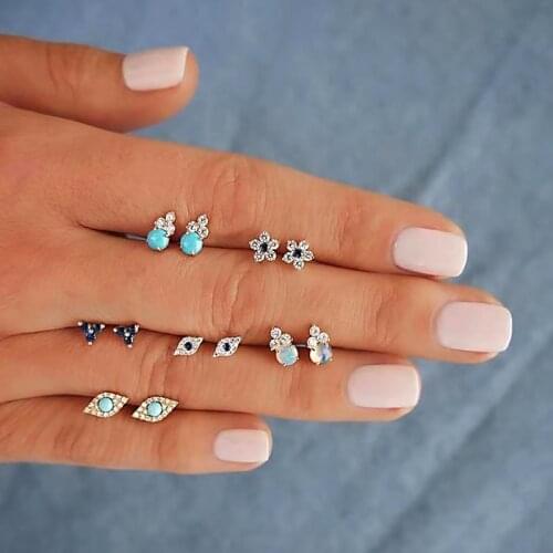 12 Pcs/Set Women Simple Inlaid Crystal Gem Stars Eye Geometric Irregular Silver Color Earrings Set Retro Shiny Jewelry