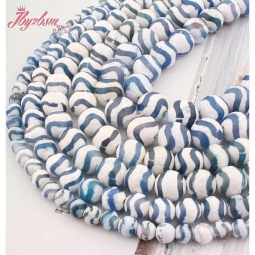 Natural Dzi Tibetan Agates Faceted Round Blue Stripe Water Pattern 6/8/10mm Stone Beads for DIY Necklace Jewelry Making 15"