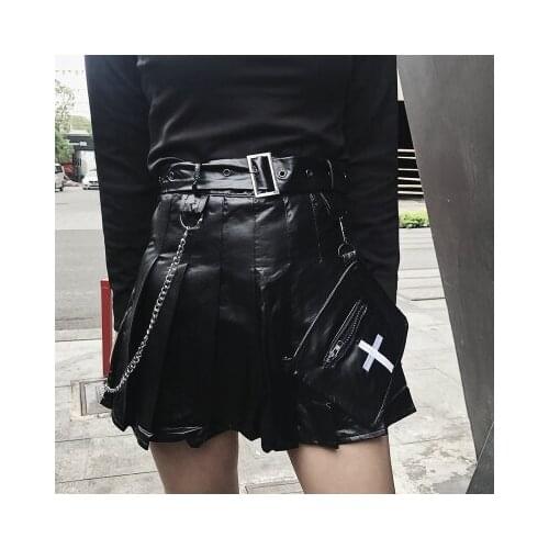 Ruibbit New Arrival Fashion Preppy style Women PU Embroidery imitation leather High Waist Sexy Harajuku Pleated Pocket Skirt
