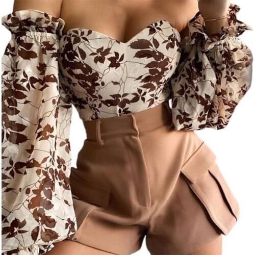 New Stylish Women Sexy Top Off-shoulder Lantern Puff Sleeve Polyester Sexy Ladies Print Chiffon Shirts for Date