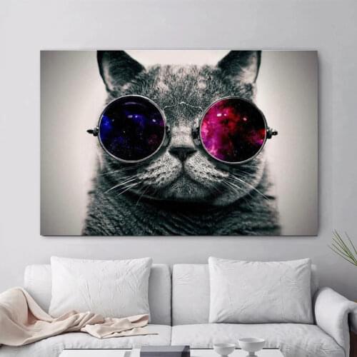 Glasses Cat Funny Art Canvas Painting Poster Print Cat With Glasses Galaxy Pictures For Living Room Home Decoration No Frame
