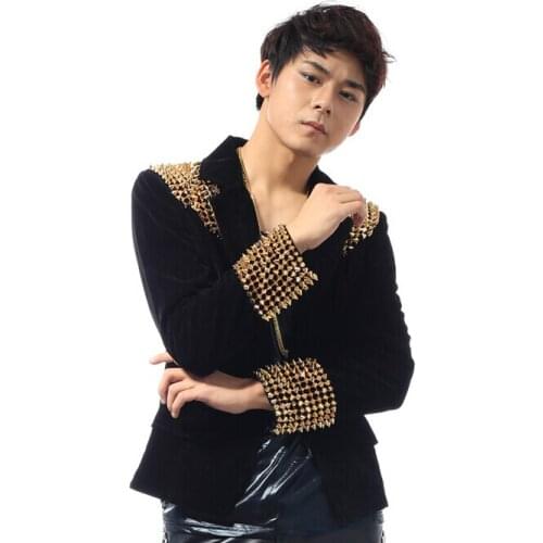 Men New Style Fashion Black Red Male Singer Slim Gentleman Party Dj Ds Costume Rivets Blazer Dancing Jazz Jacket Mens Coat
