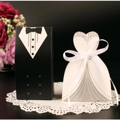 Dress & Tuxedo Bride Groom Wedding Favour Ribbon Candy Bomboniere Box Anniversary Valentines Day Engagement treats paper boxes