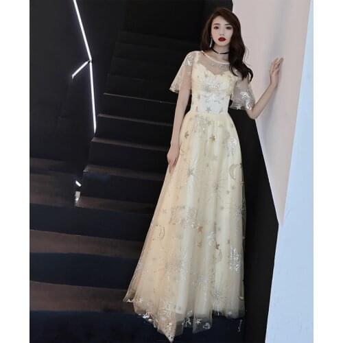 Special Occasion Dresses Illusion O-Neck Short Luxury Champagne Tulle A-Line Backless Sequined Embroidery Women Prom Gown E1048