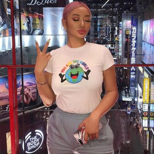 Popular Rainbow Font Element Solid Earth Print Slim Cotton Round Neck Short Sleeve