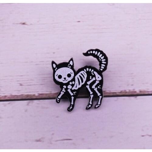 Sugar Skull Cat brooch Skull Art enamel pin Cat Skeleton Pin