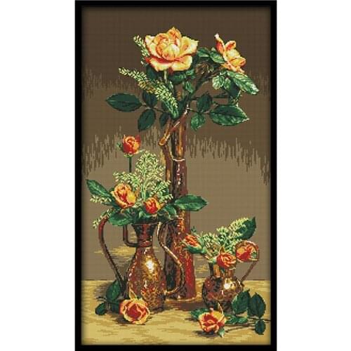Counted Cross Stitch Flower Golden Roses Painting House Decoracion Handmade Embroidery Needlework Set 11ct 14ct Printed Patterns