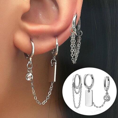 2Pcs/Set Chain Pendant Circle Alloy Piercing Asymmetric Ear Clips Hoop Earrings for Daily Life boucle oreille femme