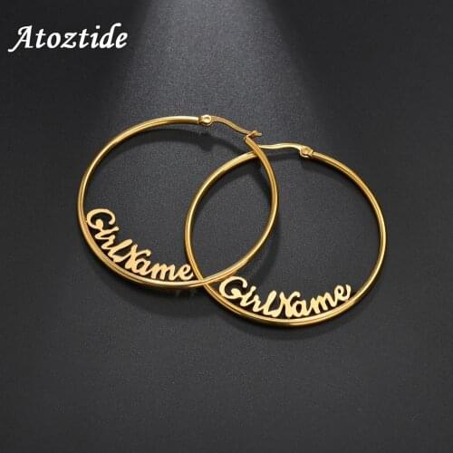 Atoztide Personalized Name Letter Earrings Stainless Steel For Women Color Custom Name Cricle Earrings Weddings Party Jewelry